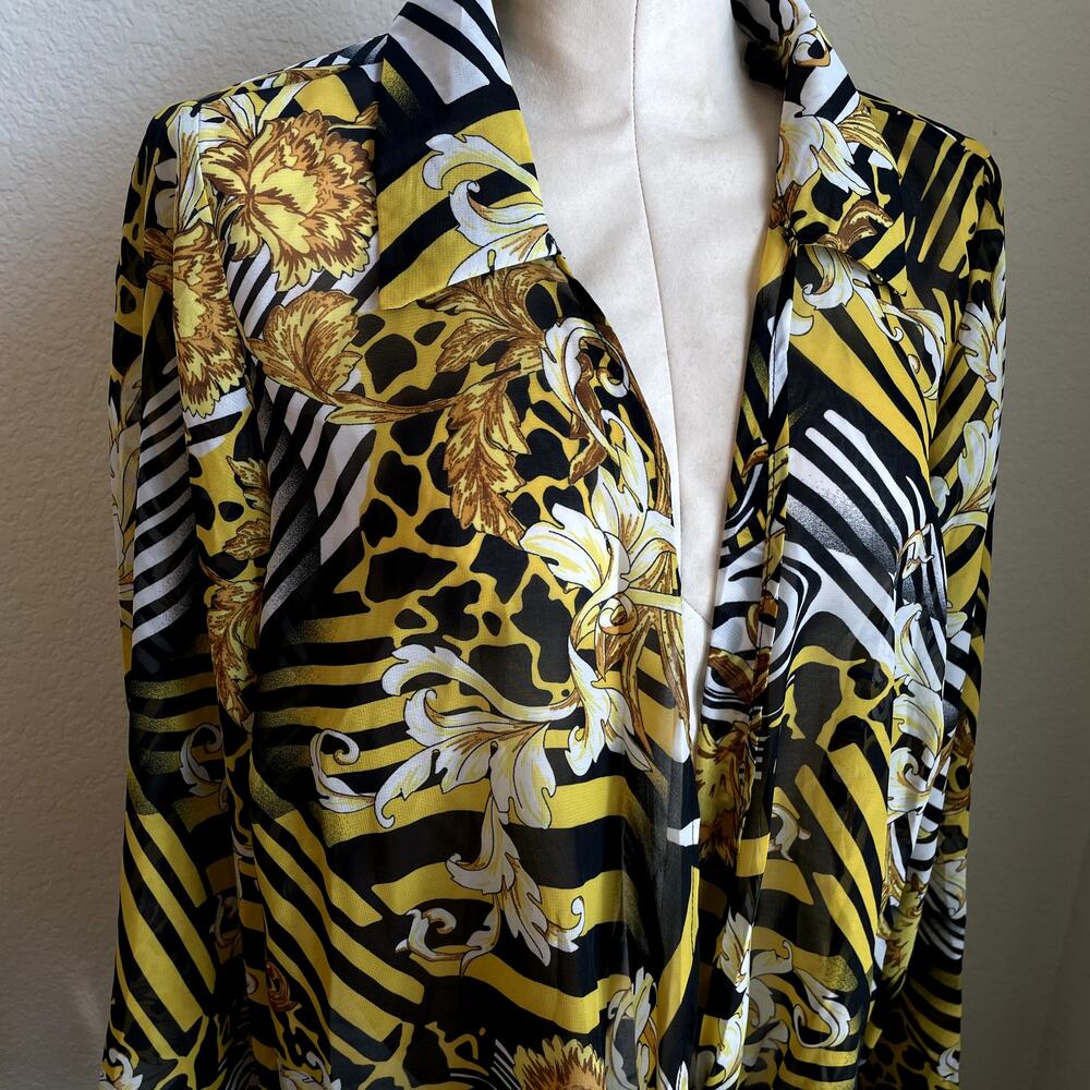 Love J yellow Black Baroque print chiffon sheer long sleeve blouse women plus 2X - Picture 3 of 8